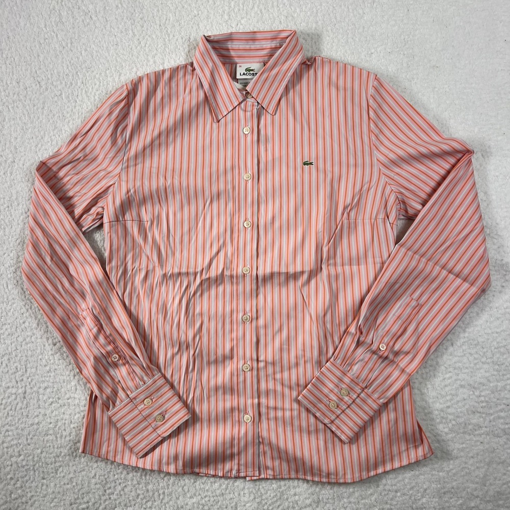 Lacoste Women's Orange Pink Striped Button‎ Down Shirt Stretch US Size S (EU/4)